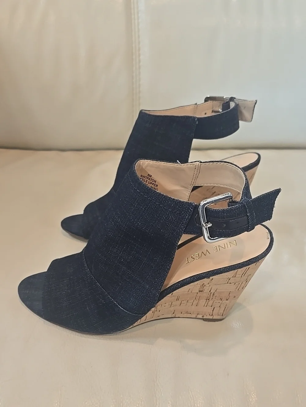 Nine West Open-Toe Ankle Wedges in Dark Navy Denim Size 6